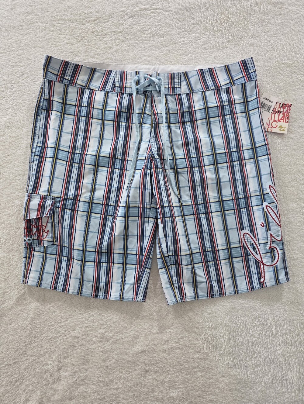 Billabong Juniors Size 9 Boardshorts Red Yellow Blue Plaid Cargo Pocket Swim New